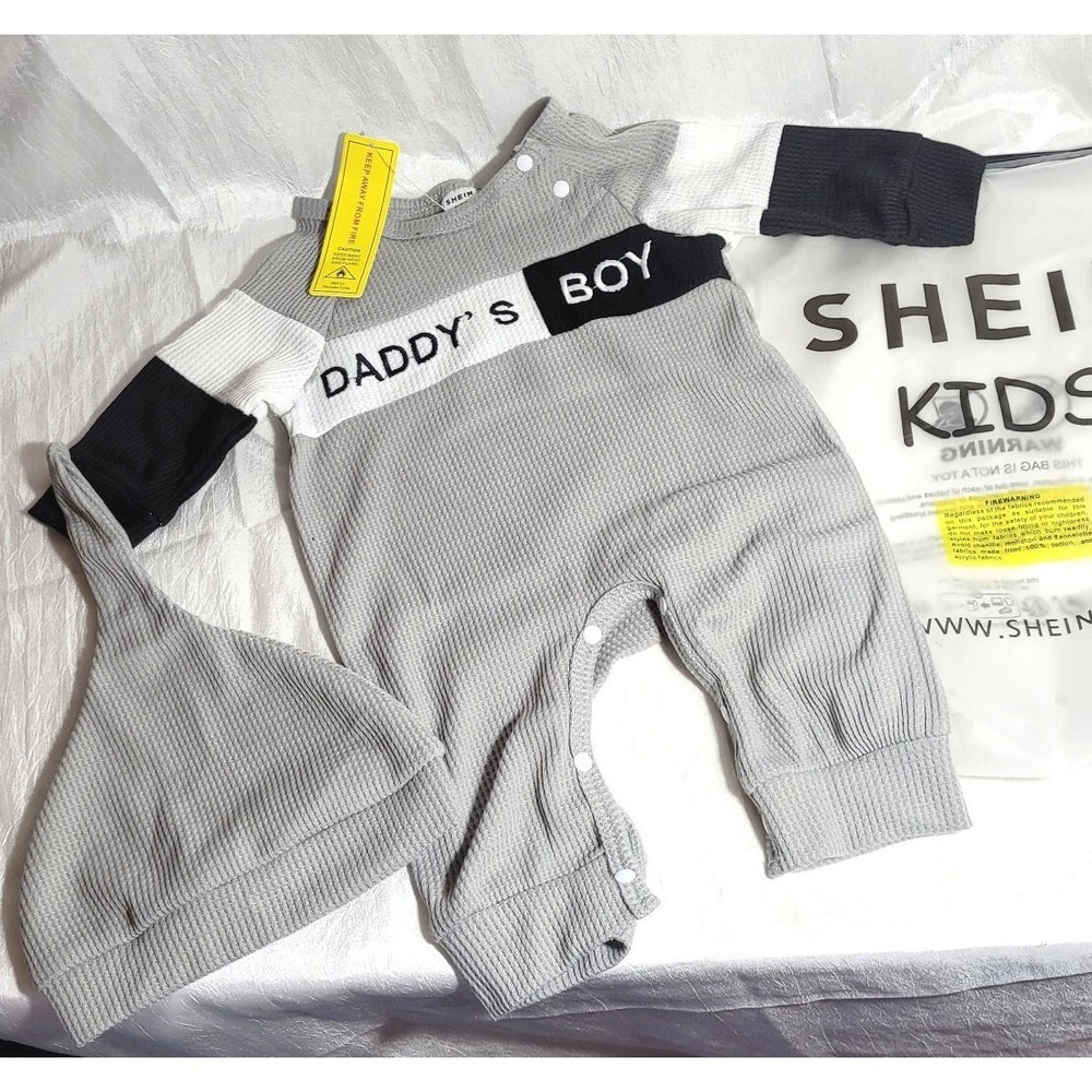 Shein Kids Daddy's Boy Waffle Texture 1-Pc Bodysuit & Cap Gray - Size 1-3 Months
